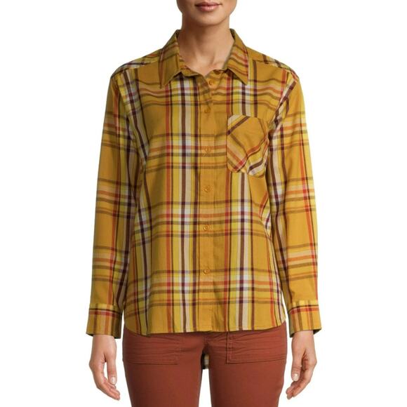 Time And Tru Womens XXL Button Up Shirt Long Sleeve Orange Plaid Top Flannel - Picture 1 of 11